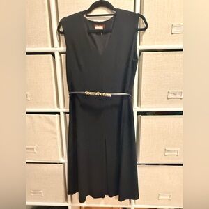 MaxMara Black Sleeveless V-Neck Midi Dress with Slim Bow Belt